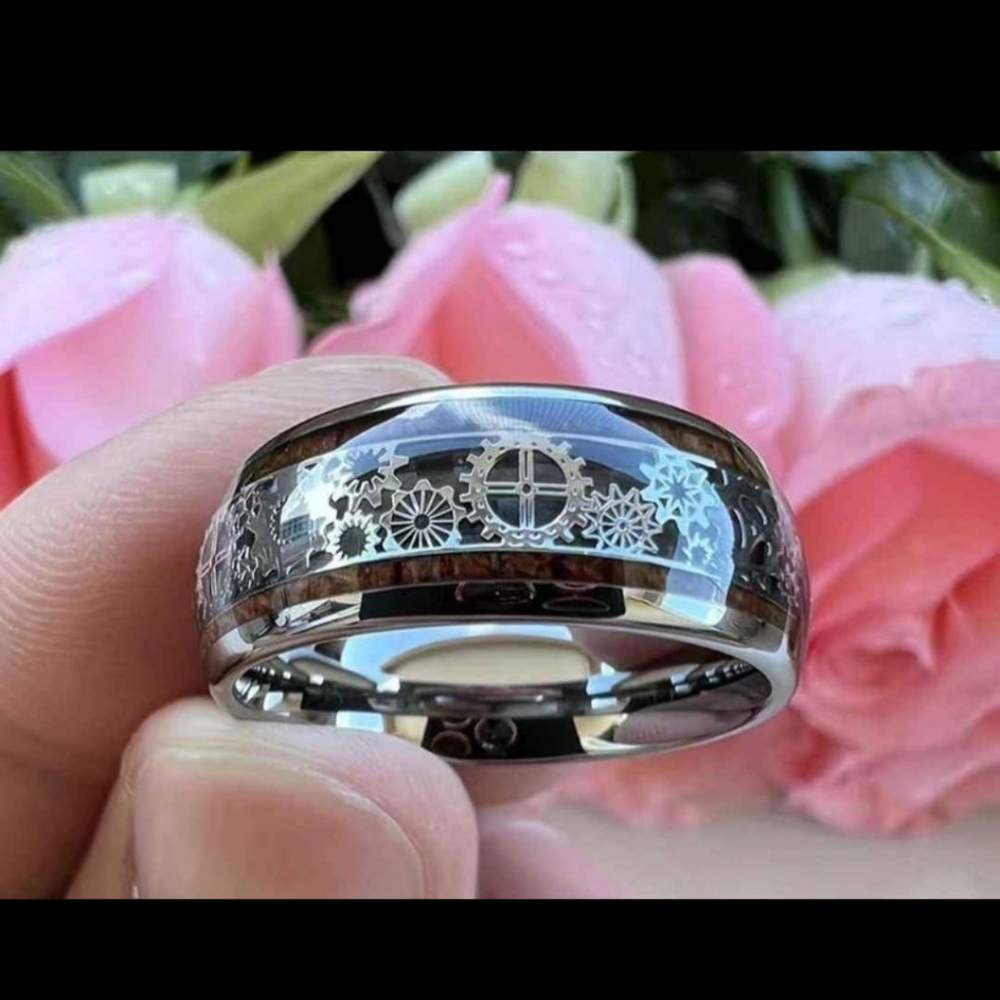 Stainless steel steam punk woodgrain gears ring size 6 to 13